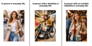 Comparison of AI-generated images from three prompts: "a person in everyday life," "a person with a disability in everyday life," and "a person with an invisible disability in everyday life." The generic prompt produces an image of a person in a public setting, while the disability prompt produces a wheelchair user. For the invisible-disability prompt, the model adds visible markers labeled "invisible disability" to the person. The comparison suggests that the model relies on visible indicators to represent disability, even when the disability is described as invisible.
